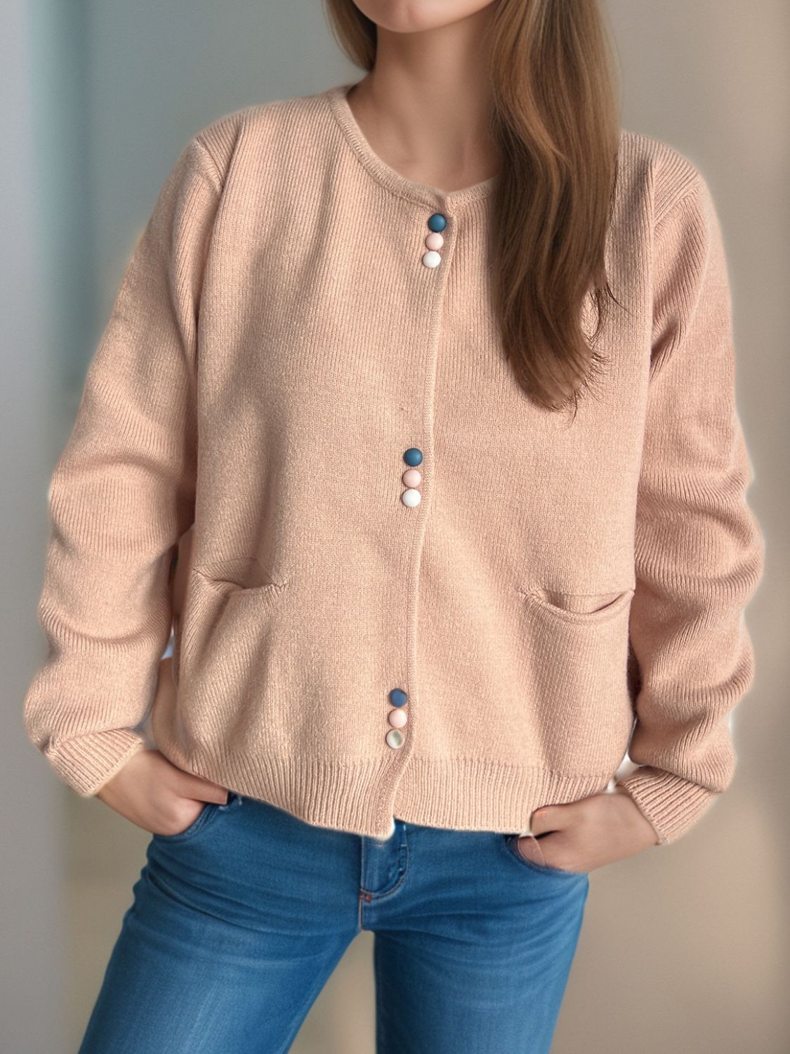 Button Down Long Sleeve Cardigan with Pockets