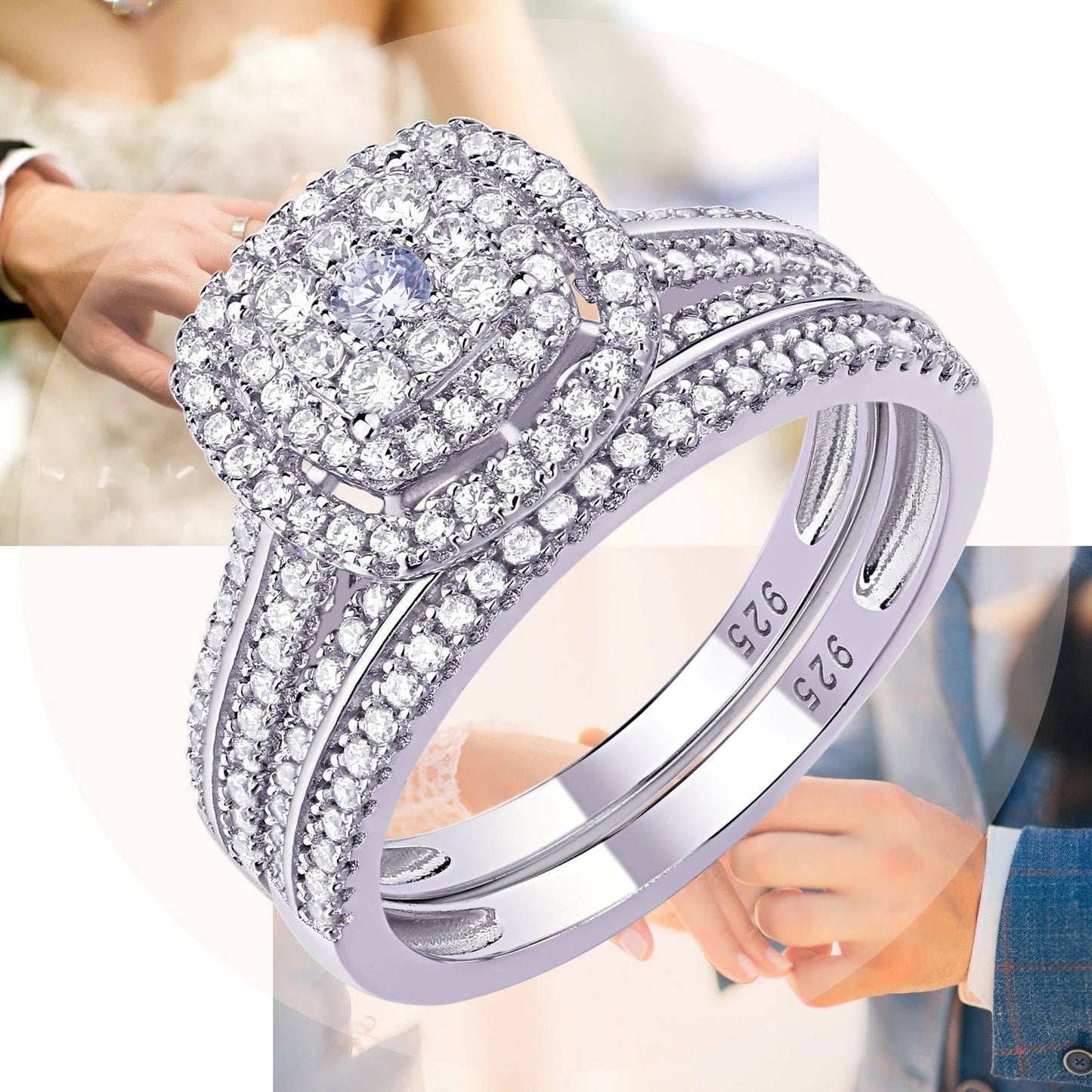1.6 Ct Round Cut Conflict Free Simulated Diamond Sterling Silver Ring Set