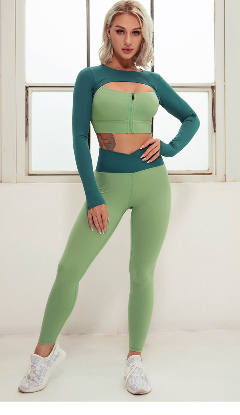 React PREMIUM Seamless Full Sleeve Sports Crop Legging Set - Green