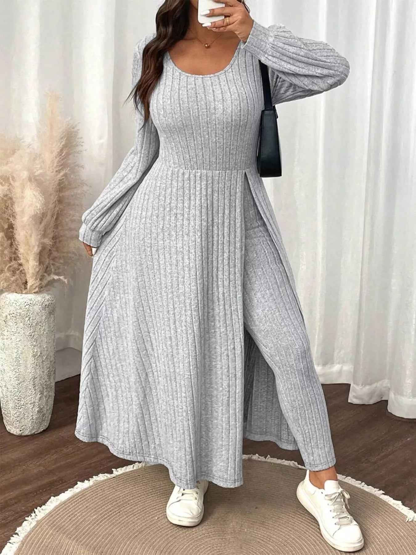 Plus Size Ribbed Knit Long Sleeve Split Dress & Leggings Set Plus Size Ribbed Knit Long Sleeve Split Dress & Leggings Set