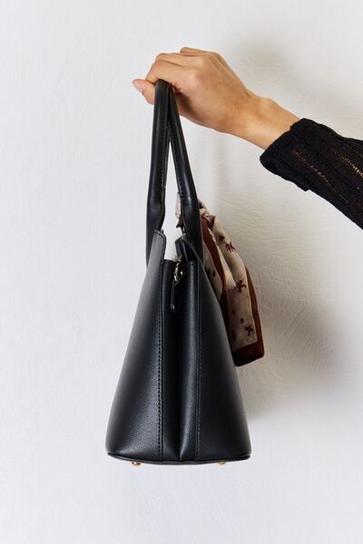 Black Vegan Leather Handbag With Brown Scarf