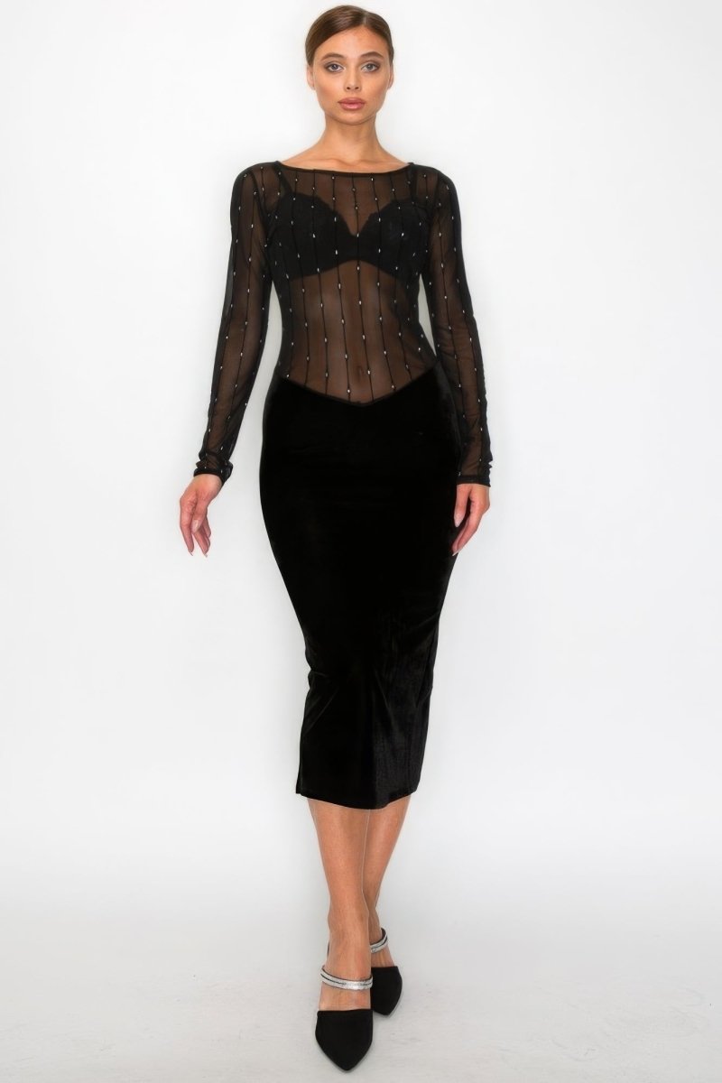 Black Velvet Dress - Sheer Contrast Holiday Midi