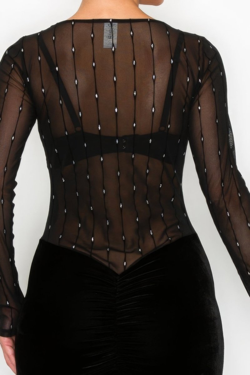 Black Velvet Dress - Sheer Contrast Holiday Midi