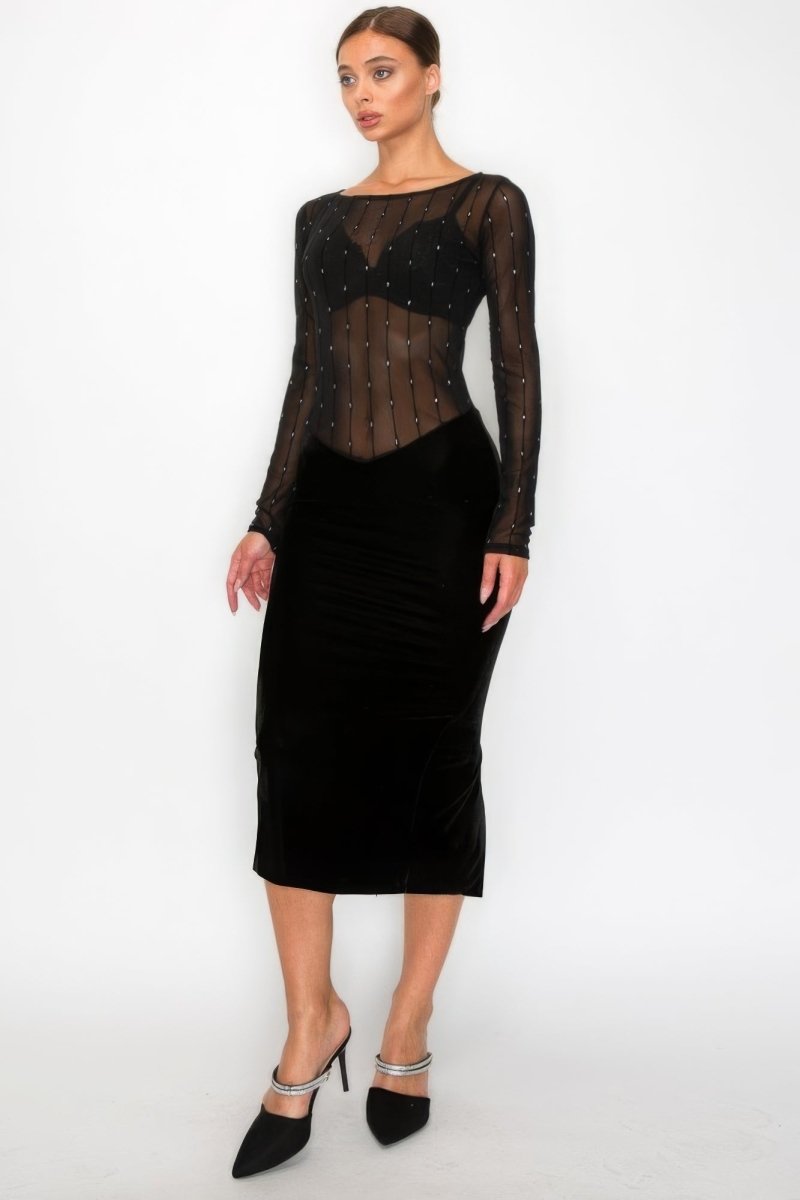 Black Velvet Dress - Sheer Contrast Holiday Midi