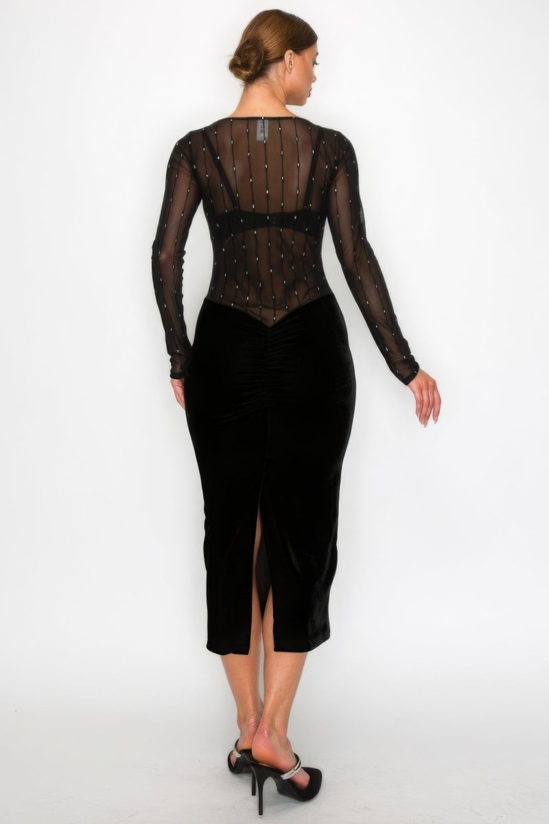 Black Velvet Dress - Sheer Contrast Holiday Midi