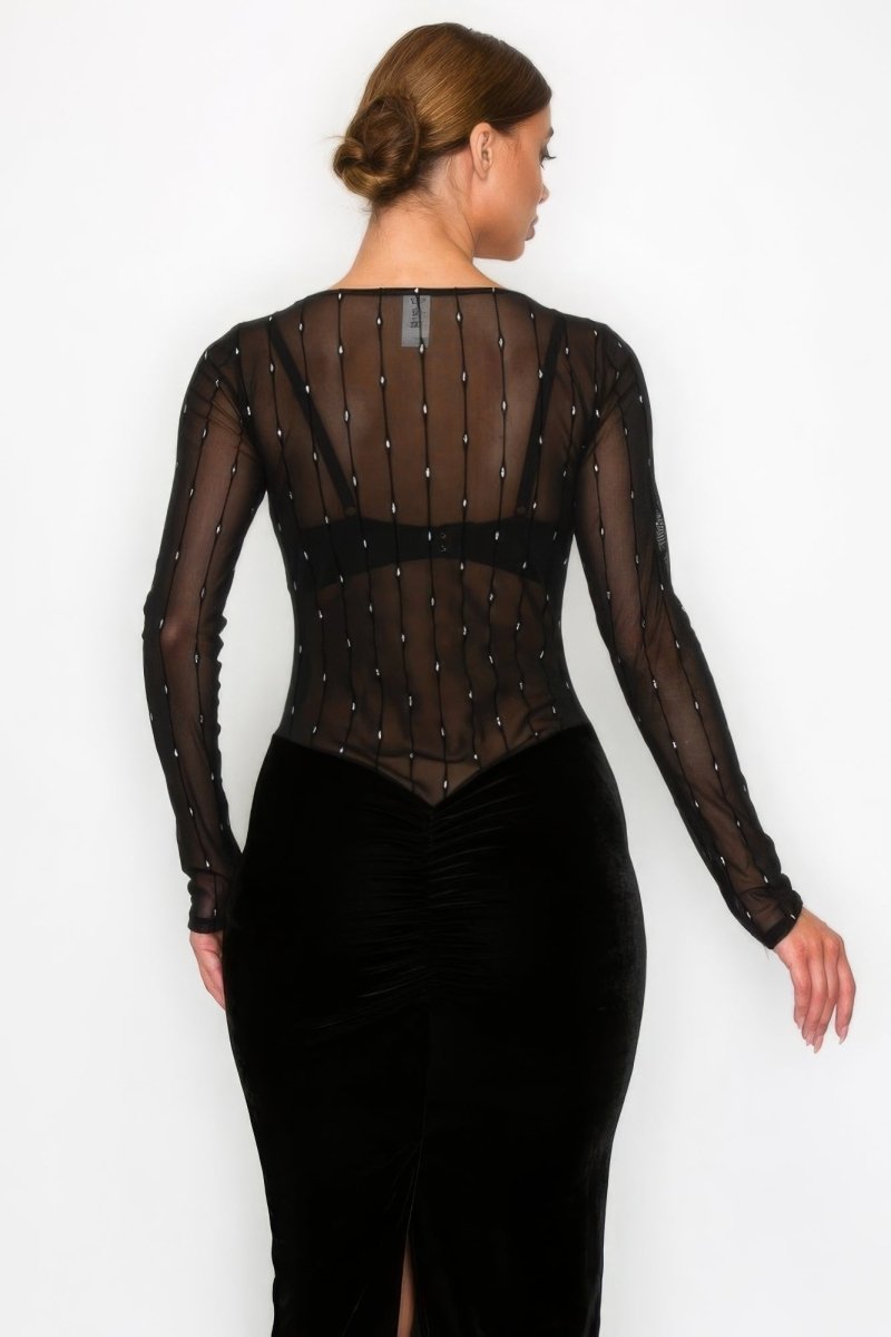 Black Velvet Dress - Sheer Contrast Holiday Midi