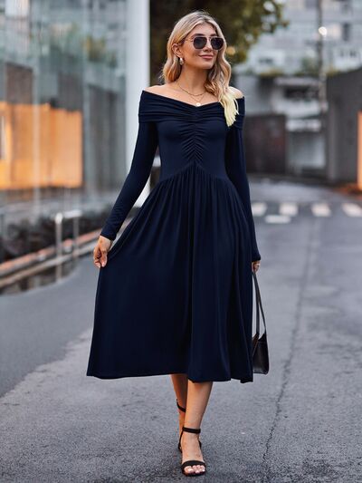 Rachael Off-Shoulder Midi Dress - Navy