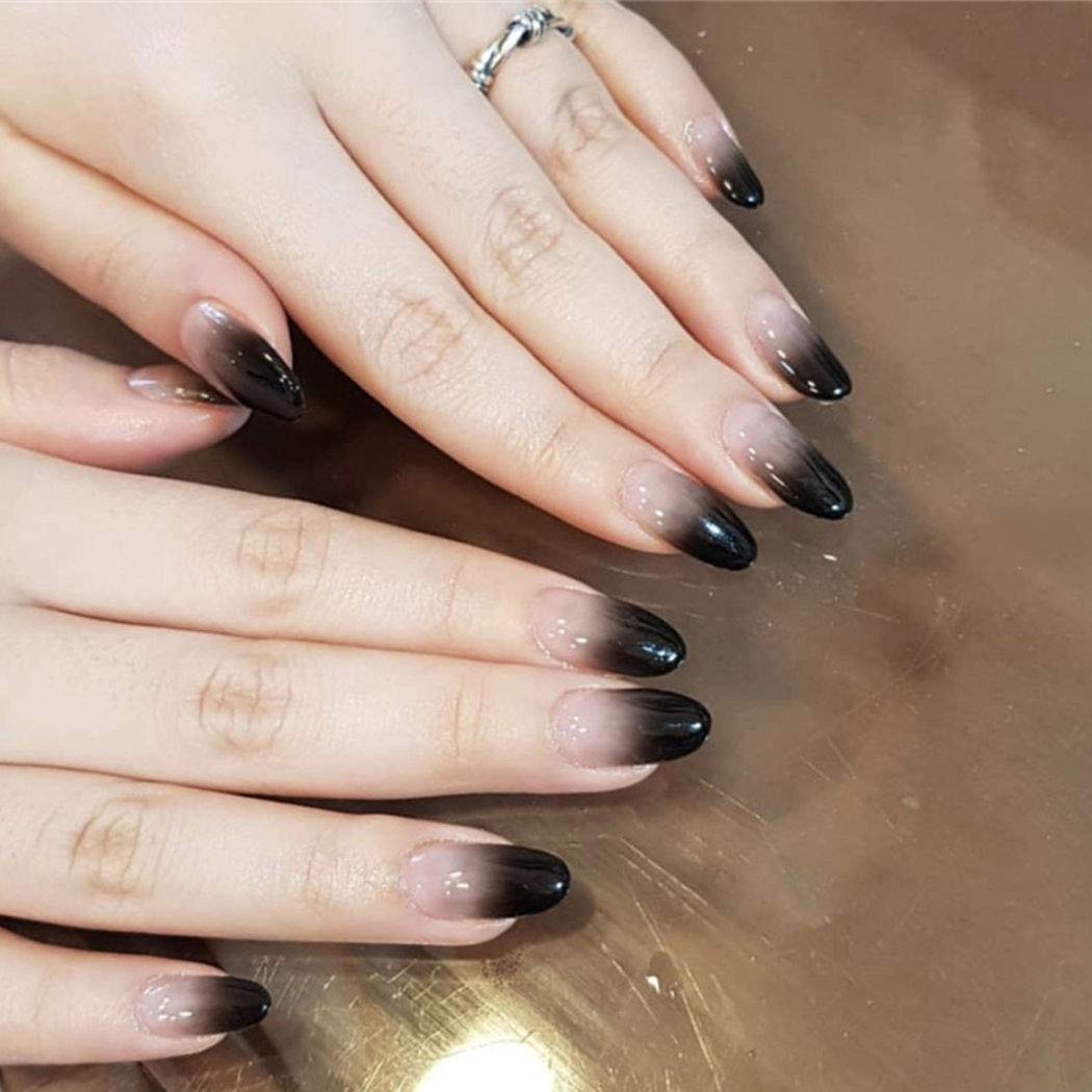Clear Press On Nails Black Ombre Glossy French Tip Almond Nail Kit