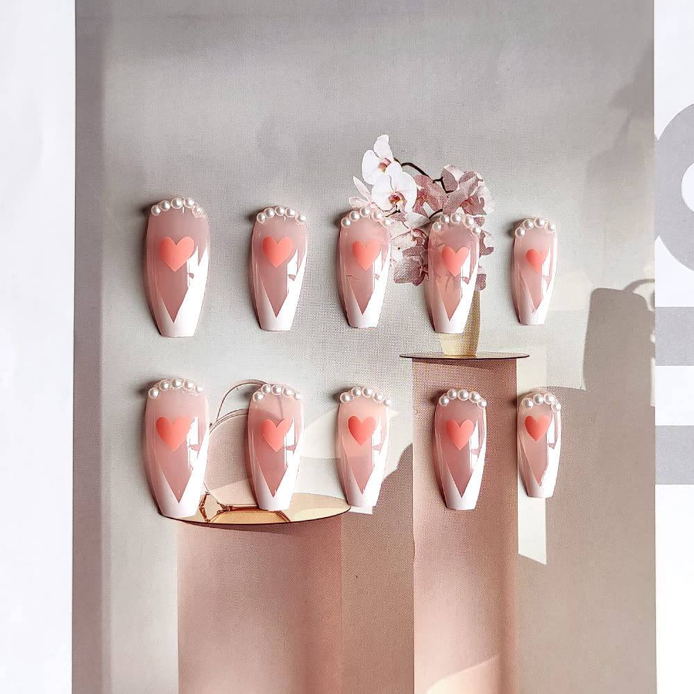 Clear Press On Nails White French Glossy Coffin Heart Nail Kit