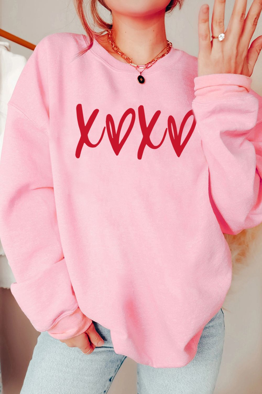 Valentine���s Day XOXO Round Neck Drop Shoulder Sweatshirt