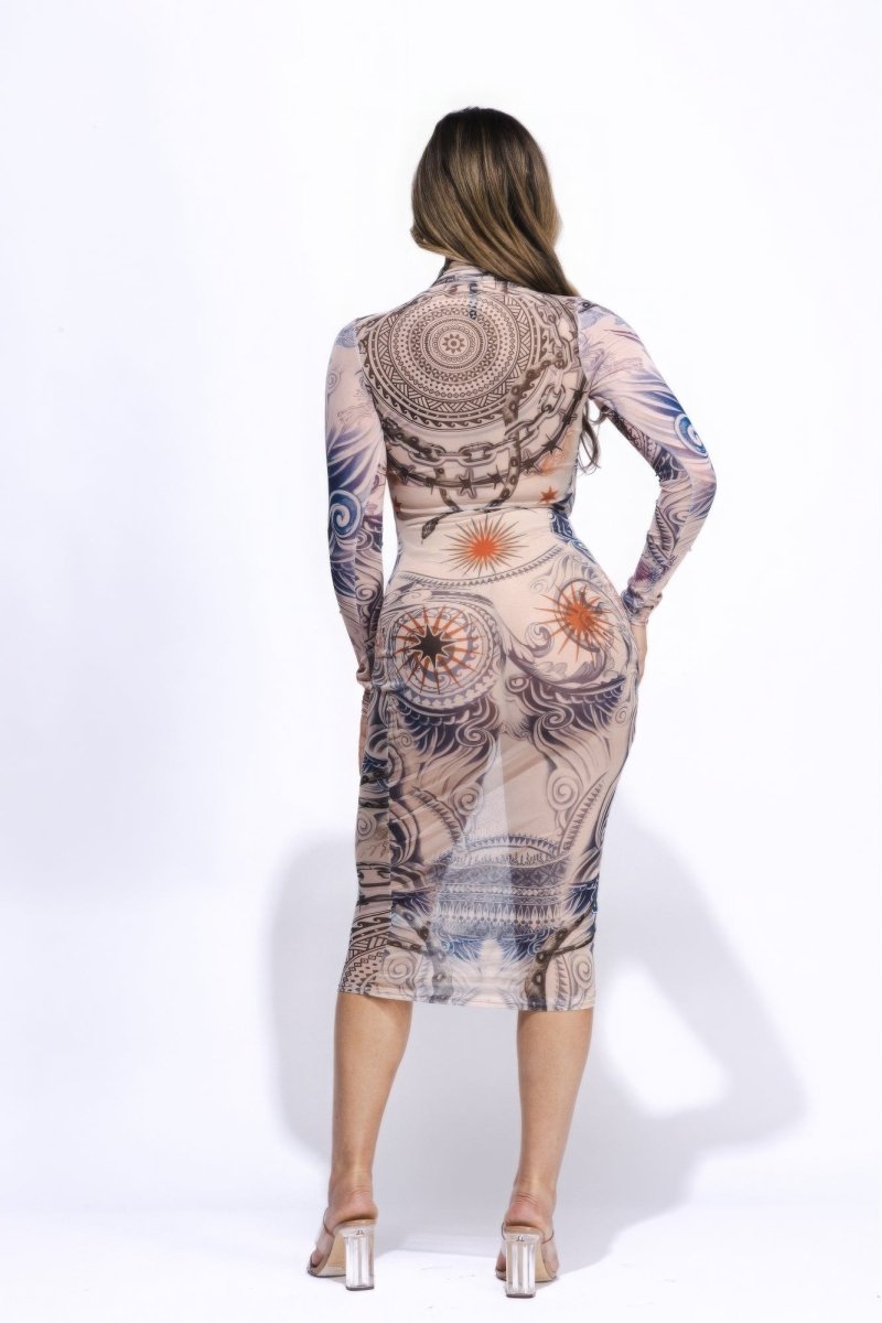 Edgy Tattoo Print Mesh Midi Dress