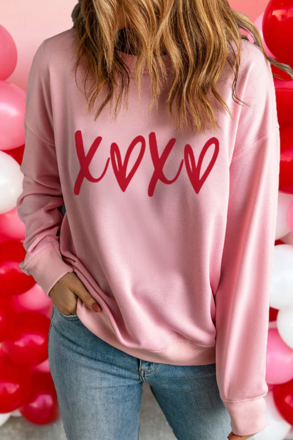 Valentine���s Day XOXO Round Neck Drop Shoulder Sweatshirt