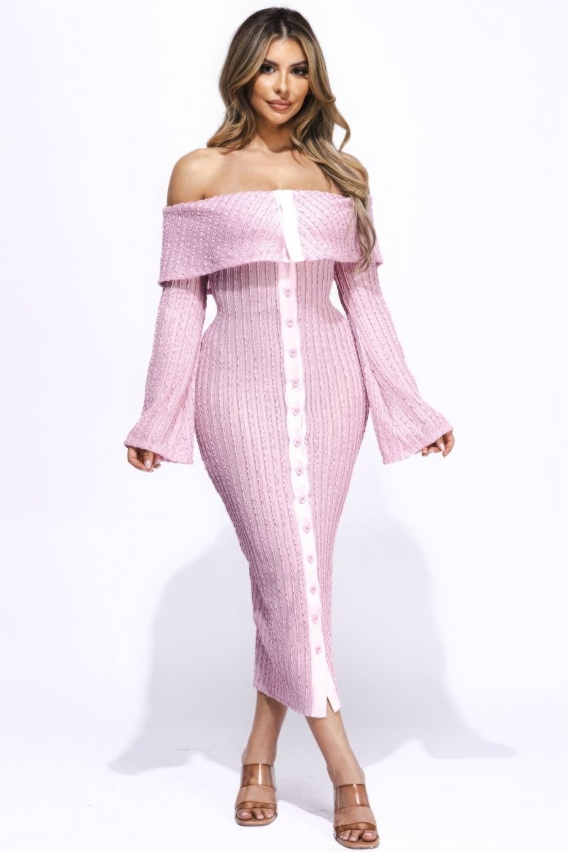 Flared Sleeve Off The Shoulder Pink Midi Dress