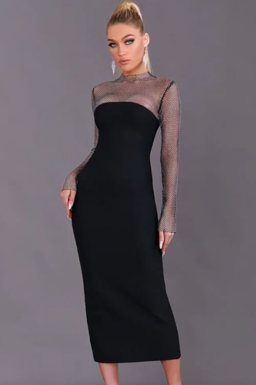 Midnight Allure Shimmer Mesh Sleeve Bodycon Midi Dress