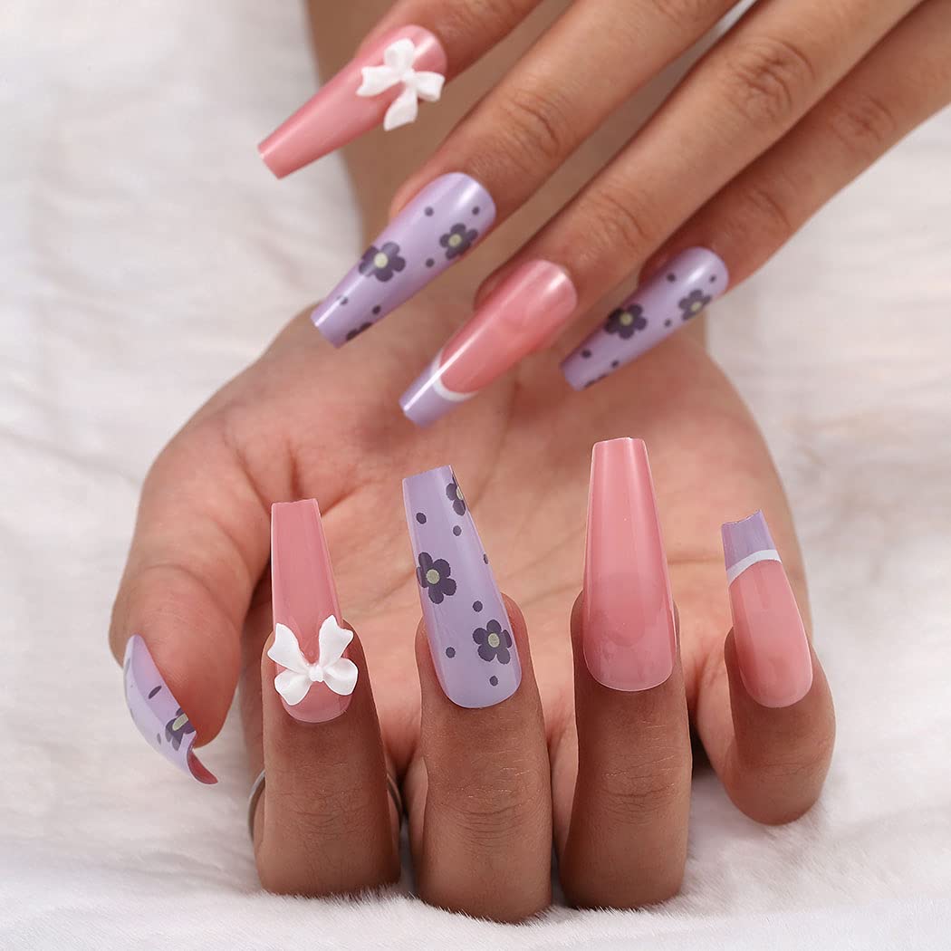 Nude Press On Nails Purple French Glossy Flower Coffin Polka Dot Nail Kit