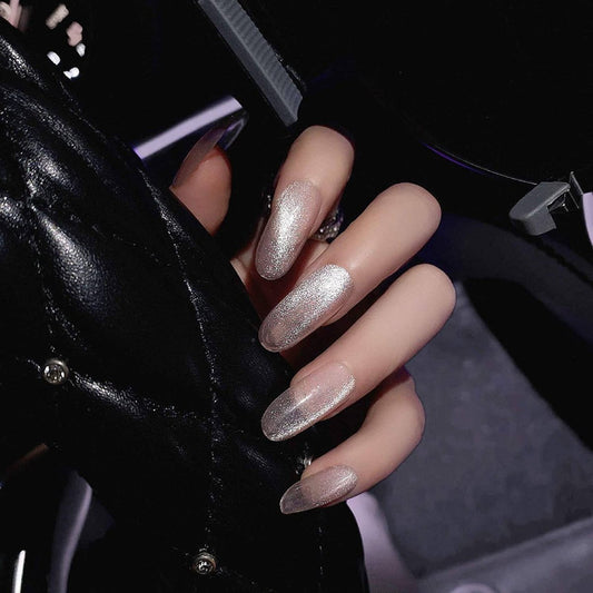 Pink Press On Nails Silver Glossy Almond Glitter Nail Kit