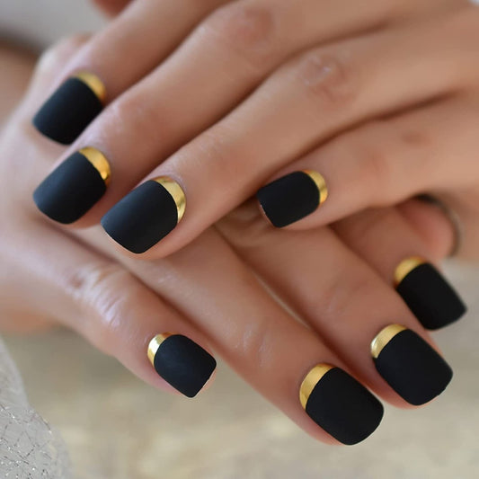 Press On Nails Black And Gold French Matte Round Nail Kit
