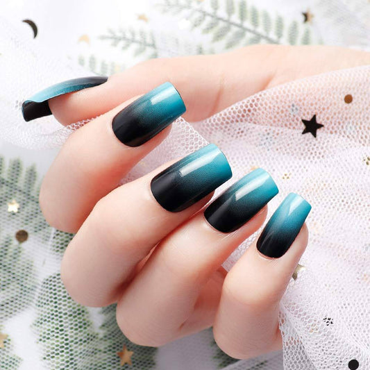 Press On Nails Black Glossy French Blue Square Nail Kit
