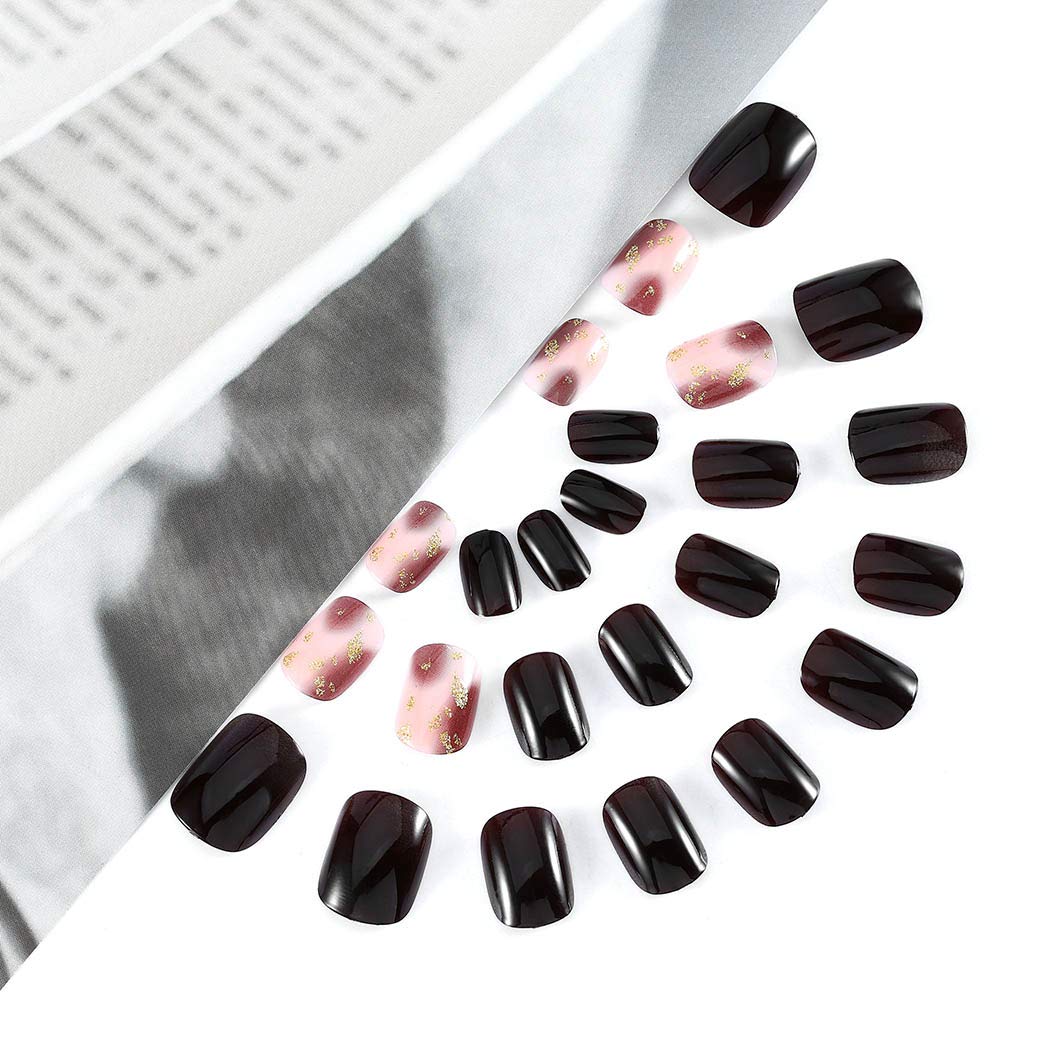 Press On Nails Black Glossy Red Square Gold Nail Kit
