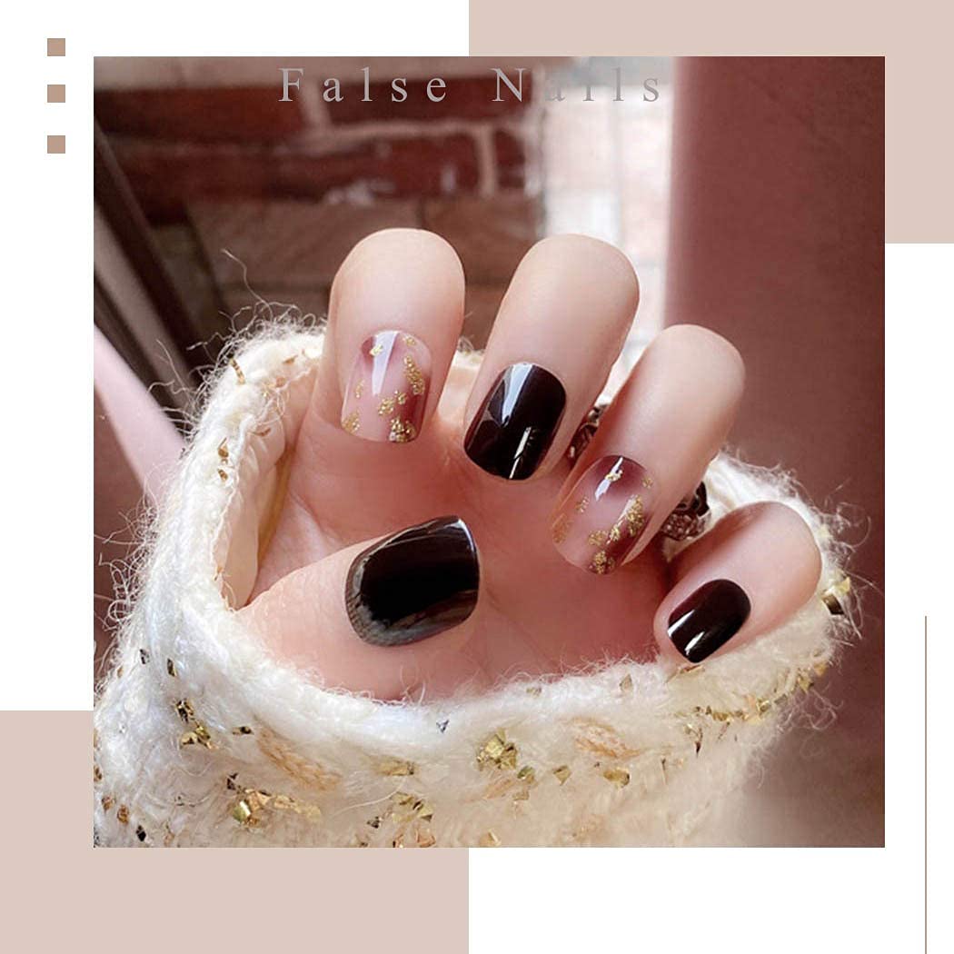 Press On Nails Black Glossy Red Square Gold Nail Kit