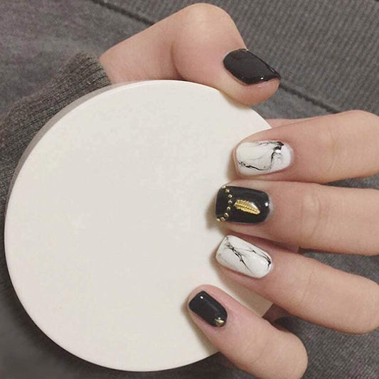Press On Nails Black Glossy White Square Marble Nail Kit