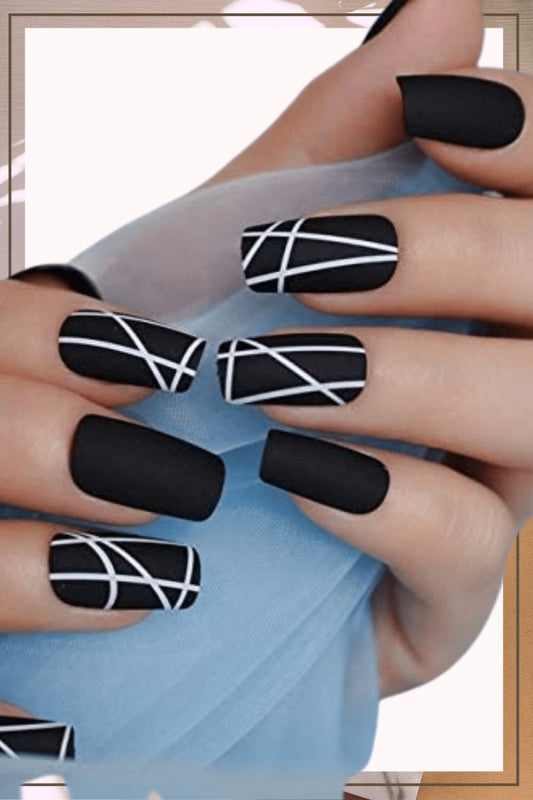 Press On Nails Black Matte Square Line Nail Kit