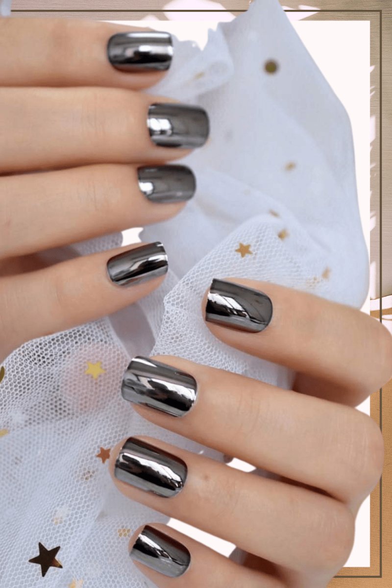 Press On Nails Black Metallic Glossy Square Nail Kit