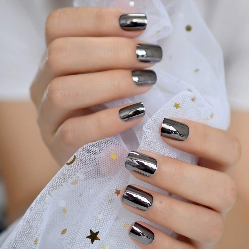 Press On Nails Black Metallic Glossy Square Nail Kit