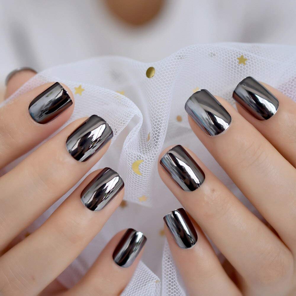 Press On Nails Black Metallic Glossy Square Nail Kit