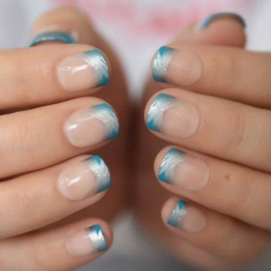 Press On Nails Blue And Silver French Glossy Round Nail Kit