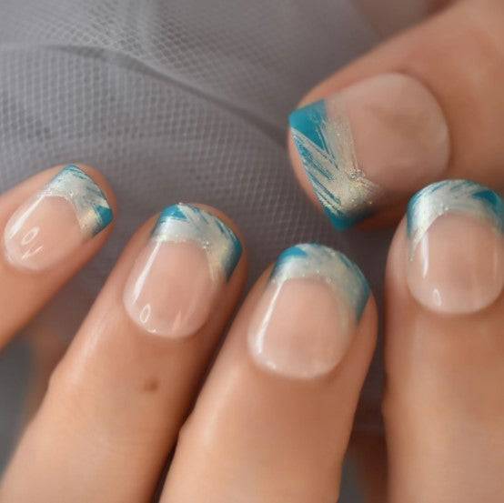 Press On Nails Blue And Silver French Glossy Round Nail Kit