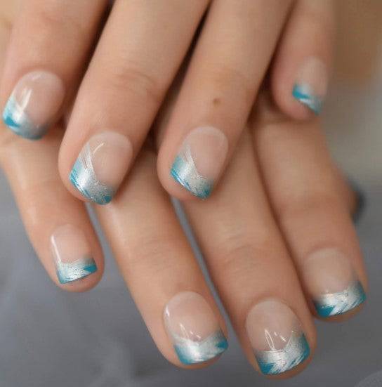 Press On Nails Blue And Silver French Glossy Round Nail Kit