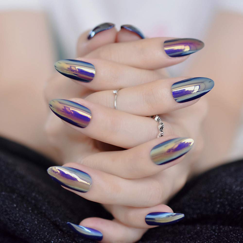 Press On Nails Blue Chrome Glossy Almond Nail Kit