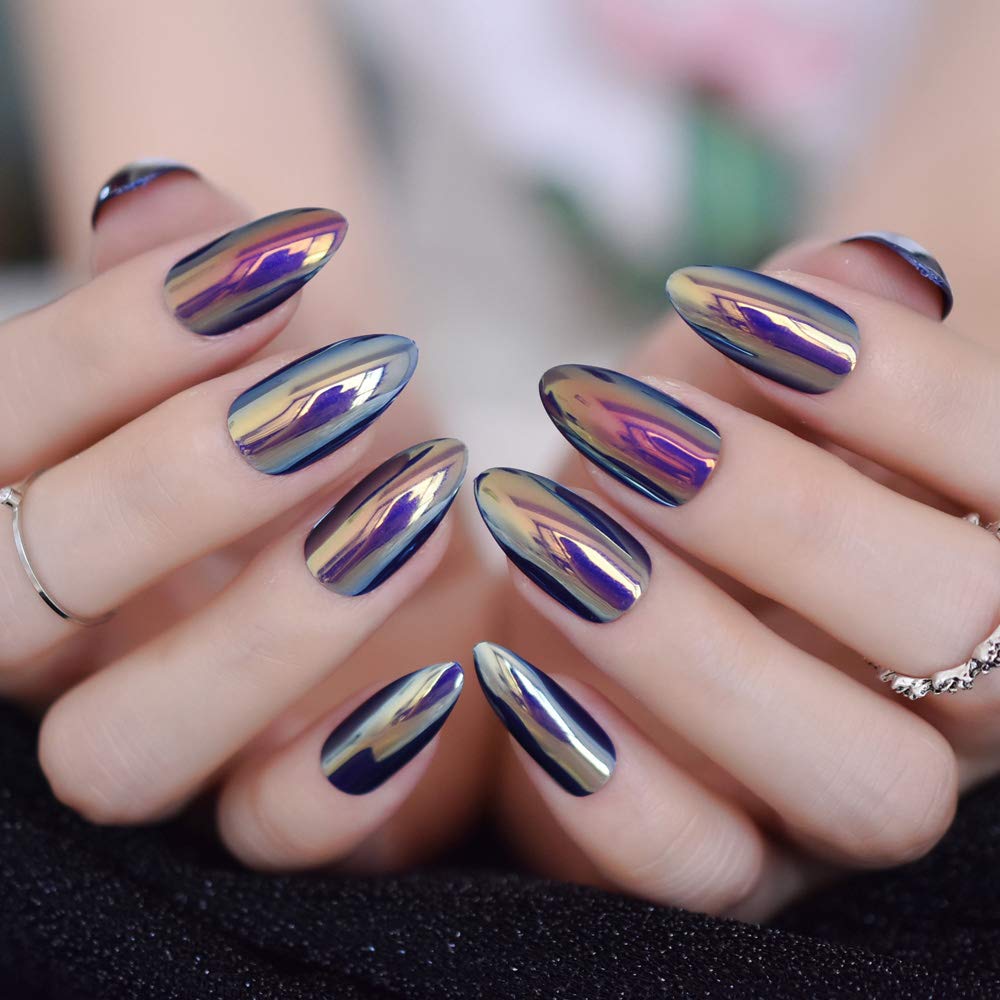 Press On Nails Blue Chrome Glossy Almond Nail Kit