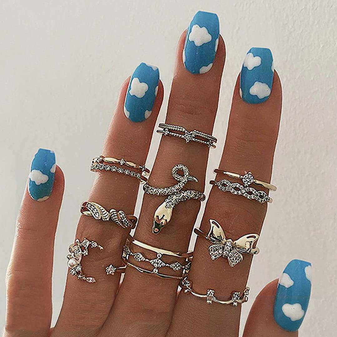 Press On Nails Blue Glossy Short Coffin Cloud Nail Kit