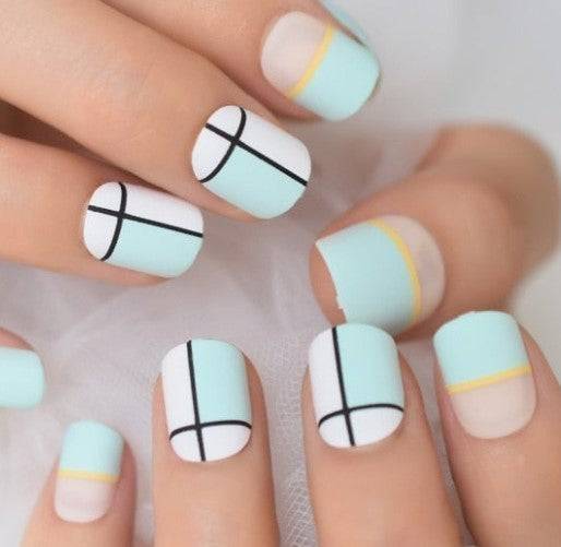 Press On Nails Blue Glossy Square Line Nail Kit