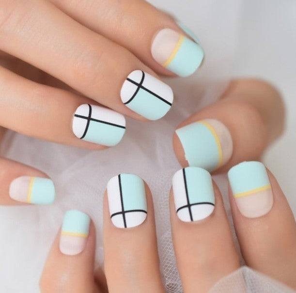 Press On Nails Blue Glossy Square Line Nail Kit