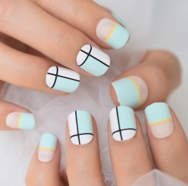 Press On Nails Blue Glossy Square Line Nail Kit