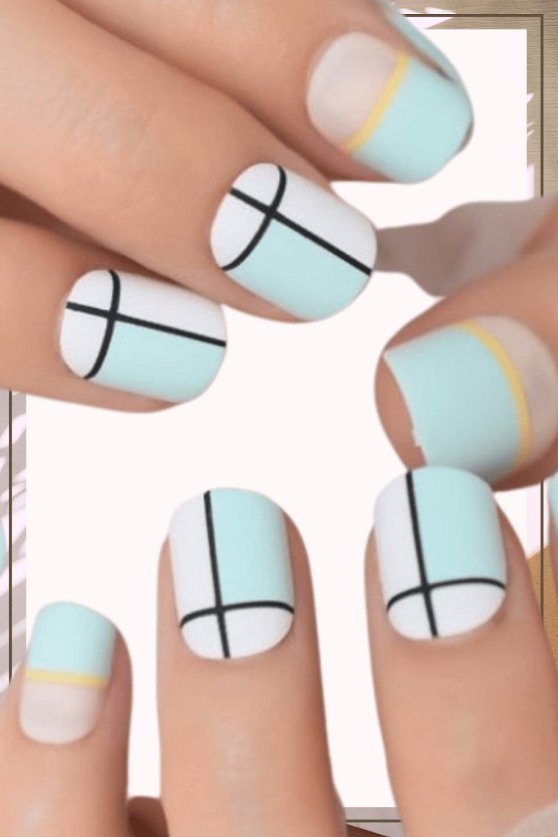 Press On Nails Blue Glossy Square Line Nail Kit