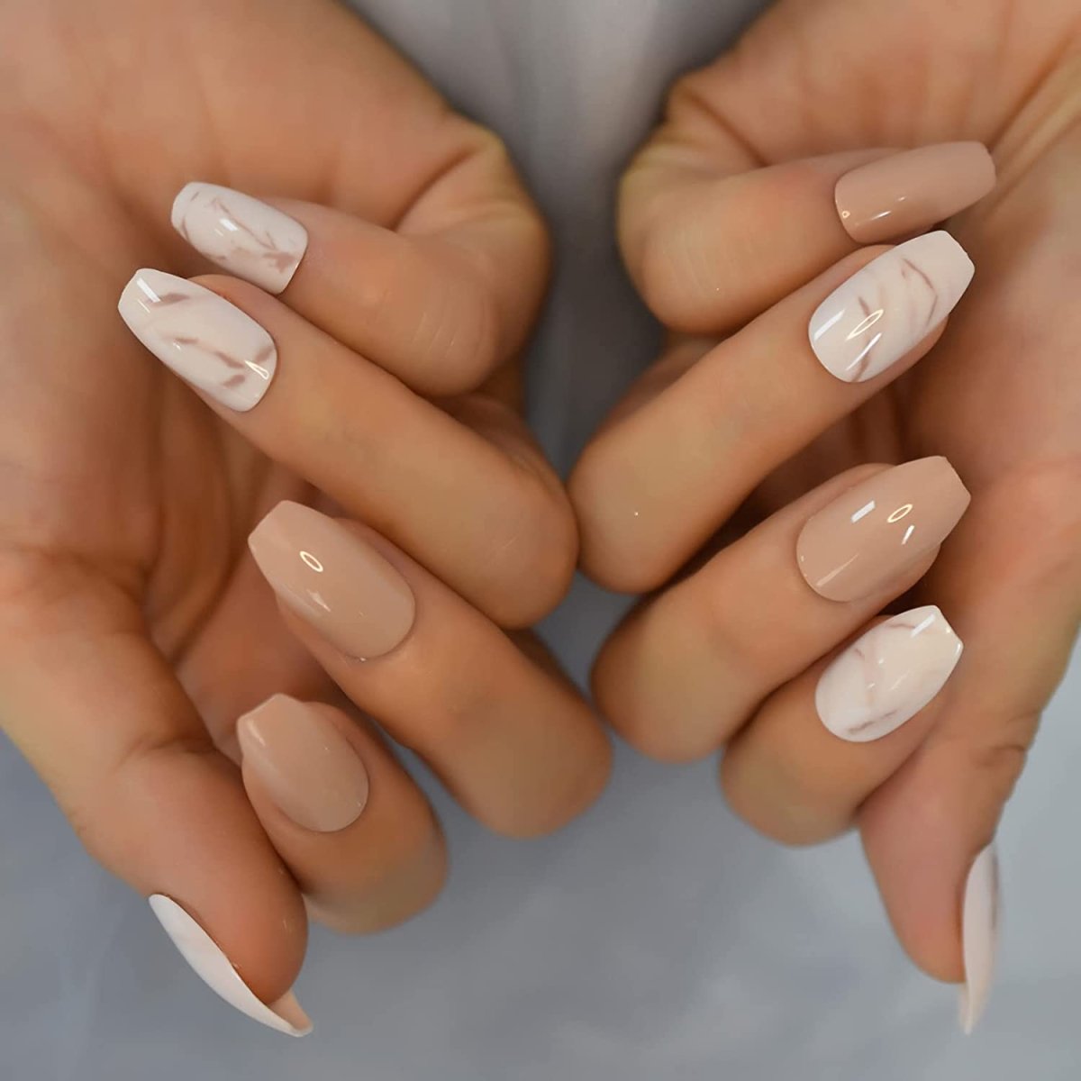 Press On Nails Brown Glossy Marble Coffin Nail Kit
