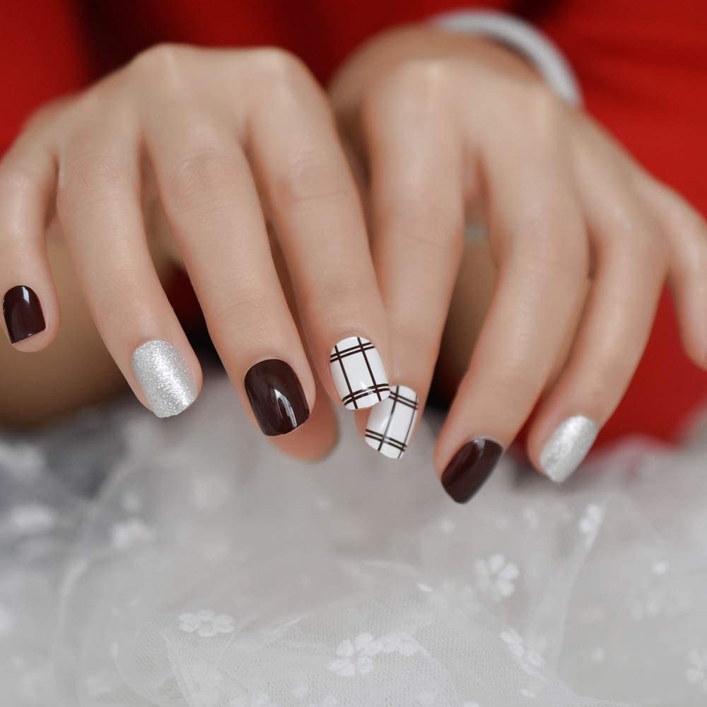 Press On Nails Brown Glossy Square Silver Nail Kit