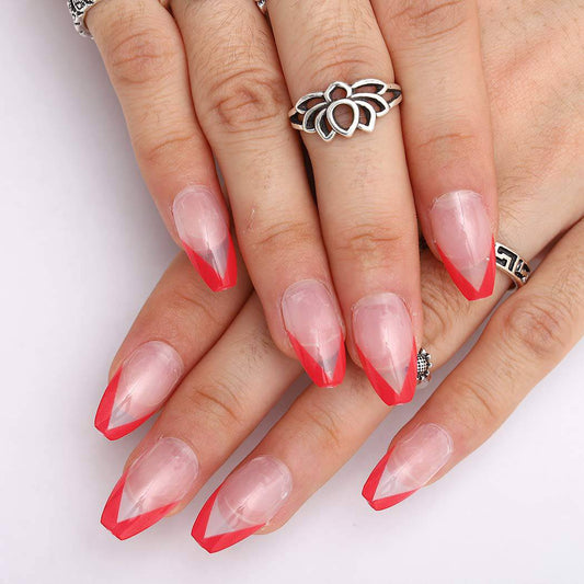 Press On Nails Clear And Red French Glossy Coffin Nail Kit