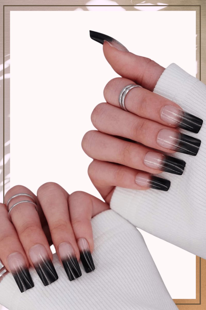 Press On Nails Clear French Glossy Coffin Black Nail Kit