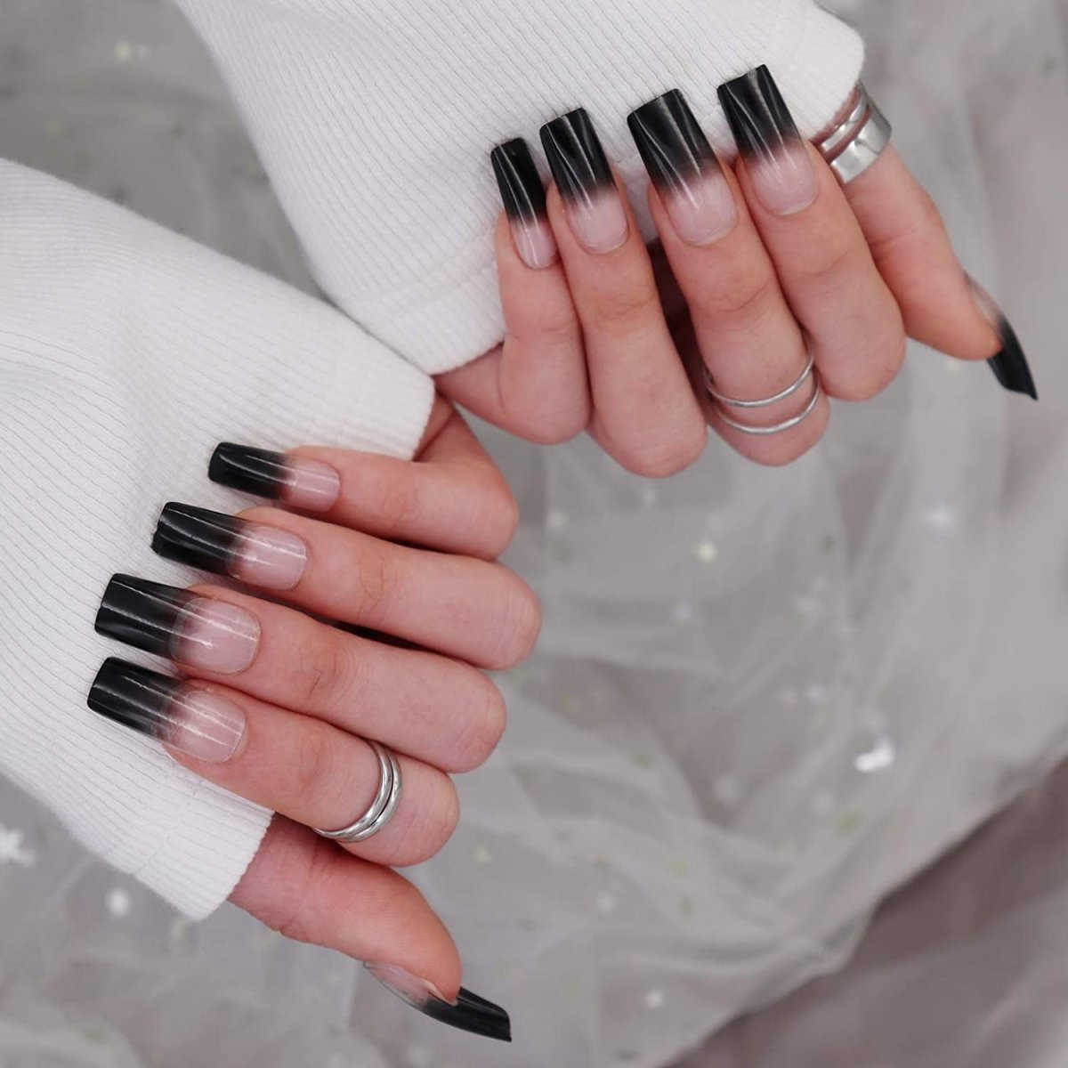 Press On Nails Clear French Glossy Coffin Black Nail Kit