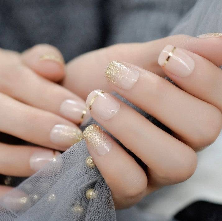 Press On Nails Clear French Glossy Round Gold Nail Kit