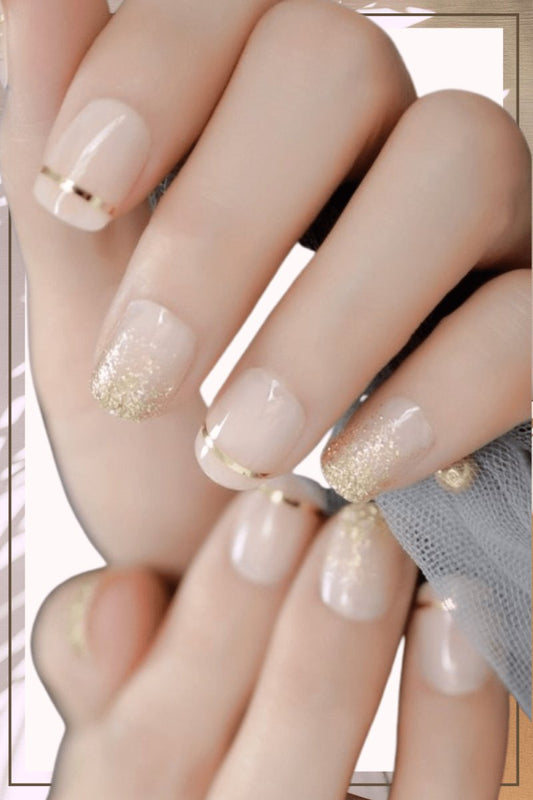 Press On Nails Clear French Glossy Round Gold Nail Kit
