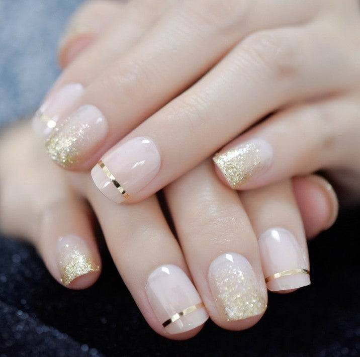 Press On Nails Clear French Glossy Round Gold Nail Kit