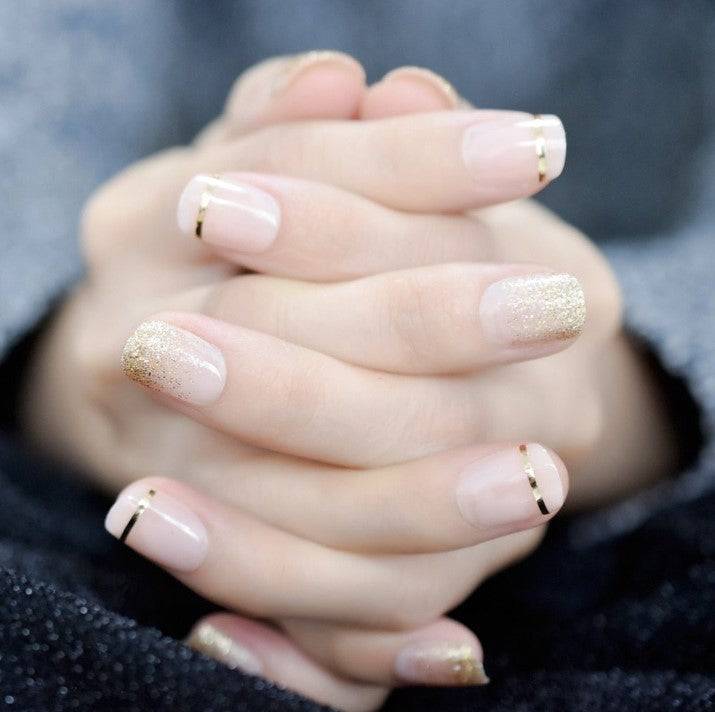 Press On Nails Clear French Glossy Round Gold Nail Kit