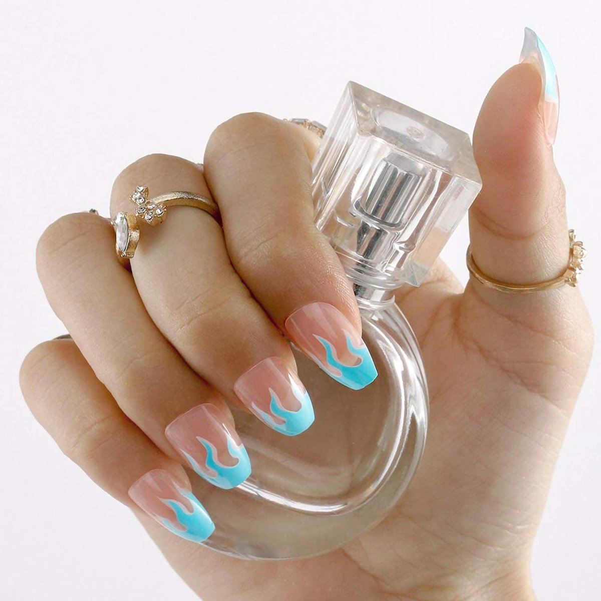 Press On Nails Clear Glossy French Tip Coffin Blue Flame Nail Kit