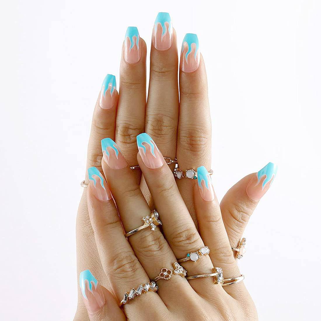 Press On Nails Clear Glossy French Tip Coffin Blue Flame Nail Kit